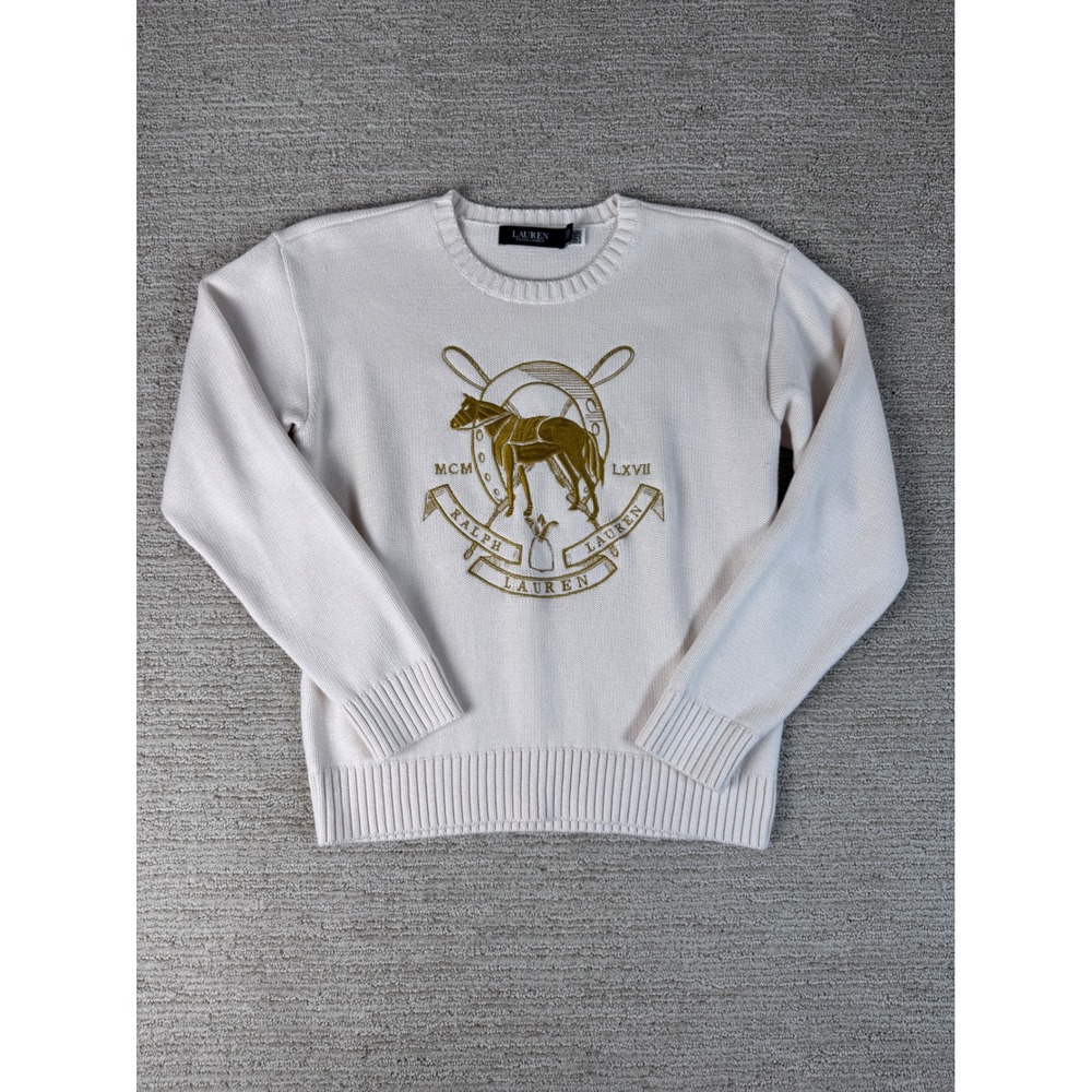 Lauren Ralph Lauren Cream Cotton Knit Equestrian Crest Sweater Small Gold Horse